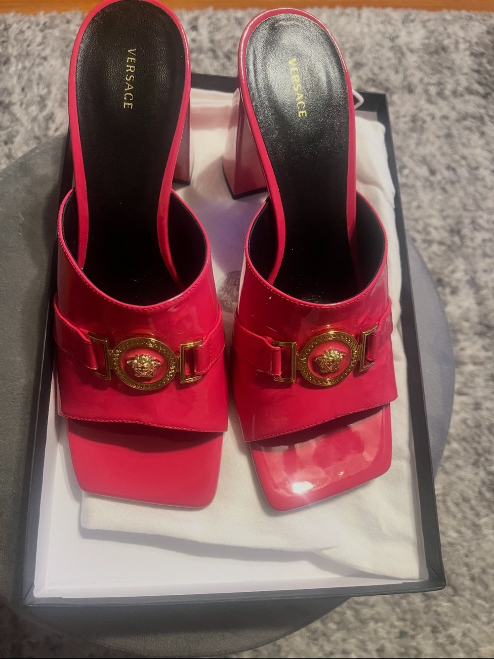 Versace Hot Pink Patent Medusa Buckle Block Heel Mules